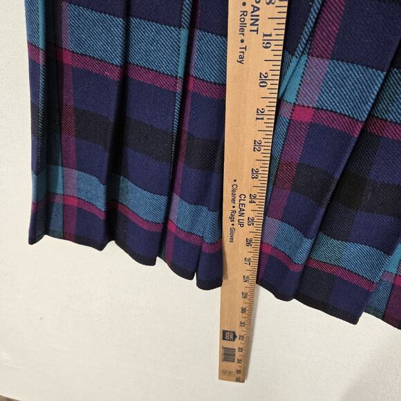 VTG Tan Jay Wool Blend Pleated Plaid Skirt Sz 14* Blue Teal Pink Preppy Academia - Picture 11 of 12